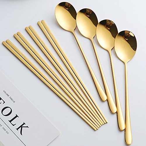 Buyer Star 4 Set Spoon Chopsticks, Gold Reusable Metal Stainless Steel Korean Chopstix Spoon Set