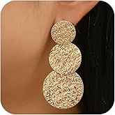 Gold Chunky Hammered Plated Disc Dangle Drop Earrings for Women, Statement Vintage Silver Geometric Circle Dangling Earring Trendy Party Jewelry Gifts
