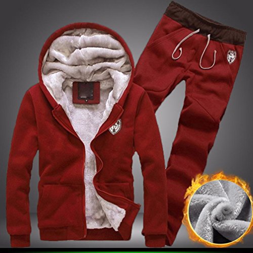 Mens Tracksuit Warm Sport Jogging Sweat Suits Hooded Sweatshirt Hoodies Coat & Bottoms Set (L, Red)