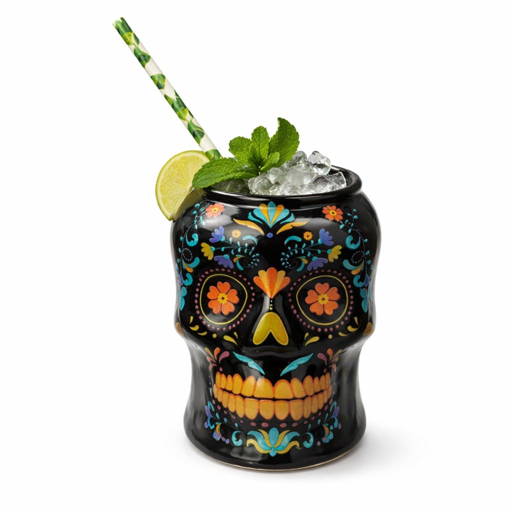 bar@drinkstuff Ceramic Day of the Dead Skull Tiki Mug 550ml – Large Cocktail Mug for Bars, Parties & Themed Drinks