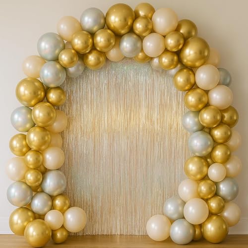 3 Pcs Champagne Gold Tinsel Curtain Backdrop, Tinsel Streamers Party Decorations, Fringe Backdrop for Birthday, Champagne Foil Fringe Backdrop Curtains for Anniversary Wedding Supplies (3.28 x 6.56 ft