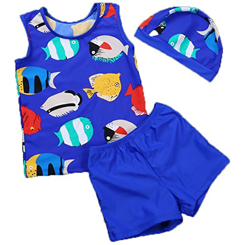 Monvecle Little Boys' 3-Pieces Rash Guard Swimsuits UPF 50+ Sun Protection Swim Set Fish 2T-3T