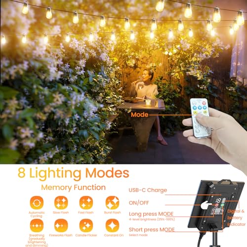 Quntis 16M Guirnalda Luces Exterior Solar & USB-C, 16 LEDs Bombillas Cadena Solares Exterior con Control Remoto, Impermeable IP65 Luz Solares Decorativas para Jardín, Terraza, Patio, Boda, Navidad