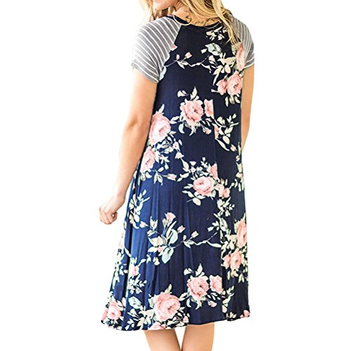 Women Striped Short Sleeve Round Neck Floral Printed A-line Midi Dress Navy
