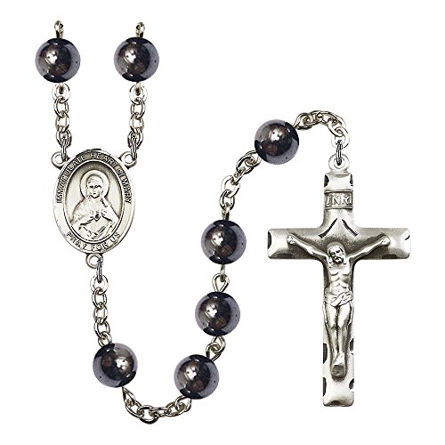 Immaculate Heart of Mary Silver-Plated Rosary 8mm Hematite Beads Crucifix Size 1 3/4 x 1 medal charm