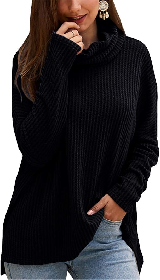 Womens Turtleneck Waffle Knit Tops Long Sleeve Tunic High Low Shirts Casual Oversized Loose 