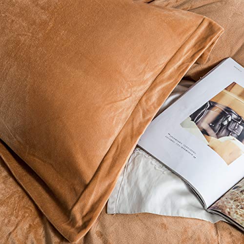 NTBAY Velvet Flannel Queen Duvet Cover Set, 3 Pieces Zippered Comforter Cover Set, Camel