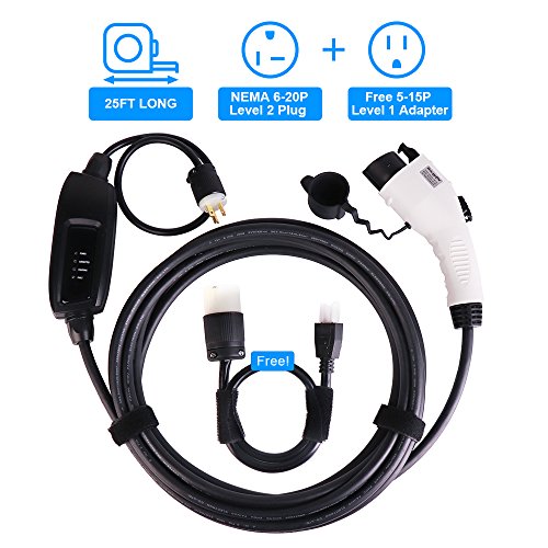 BougeRV Level 2 EV Charger Cable (240V, 16A, 25FT) Portable EVSE Electric Vehicle Charging Station Compatible with Level 1 for Chevy Volt, BMW, Nissan Leaf, Fiat, Ford Fusion