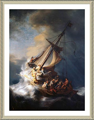Alonline Art Christ In The Storm Sea Of Galilee Rembrandt Biege FRAMED POSTER (Print on 100% Cotton CANVAS on foam board) - READY TO HANG | 19"x24" | Framed Wall Decor Oil Painting Print