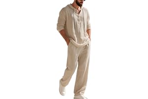 Mens Linen Suit 2 Pieces Cotton Linen Set Casual Long Sleeve Hooded Henley Shirts Beach Yoga Pants Summer Vacation Outfits