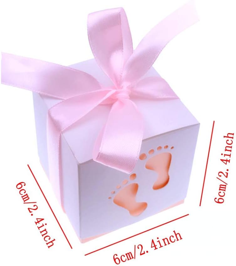 JZK 50 x Pink footprint paper baby shower favour boxes for girl baby shower girl birthday party christening baptism newborn party - Image 3