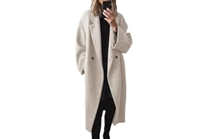 SAUKOLE Womens Winter Pea Coat Notch Lapel Double Breasted Wool Blend Oversized Overcoat with Pockets