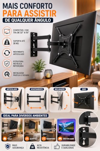 Suporte Articulado para TV 32 a 55 Pol Universal Ajustável até 30kg | Ajuste livre, Metálico, Padrão Vesa, Suporte articulado, Parede TV, 32 a 55 polegadas, Até 30kg