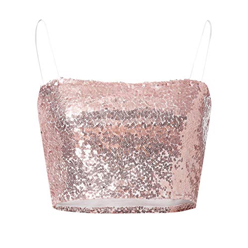 Sinfu Women Sexy Suspenders Tube Top Sequins Short Cropped Bra Tank Vests Top (XL) Pink