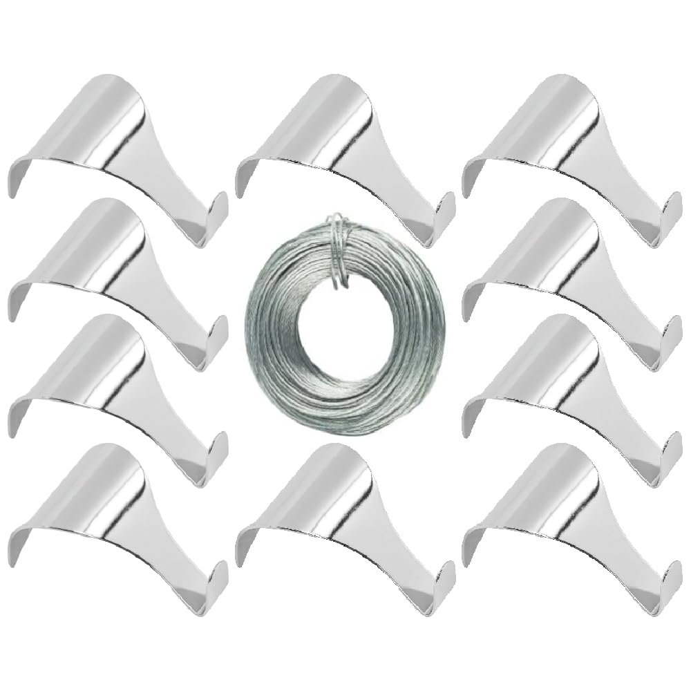 10pc Chrome Picture Rail Hooks with 3m Hanging Wire – Antique Style Dado Rail Moulding Hooks for Picture Hanging – 48×16mm Hook, 13mm Projection – Wall Art, Photo & Mirror Display Kit