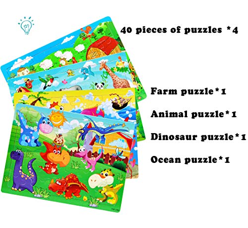 Wooden Jigsaw Puzzles Set for Kids Age 3-6 Year Old 40 Piece Colorful Wooden Puzzles Animals,Dinosaurs,Farms,Oceans,Education and Learning Intelligence Toys Jigsaw Puzzles,Wooden Puzzles Set of 4 for