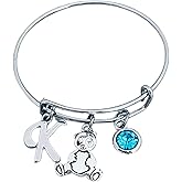 Personalized Panda Charm Bangle Bracelet with Birthstone and Initial Charm, Panda Bear Jewelry Gifts for Women, Teens and Girls
