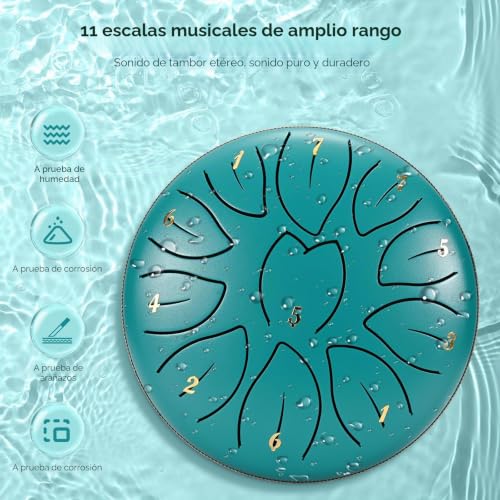 Couleeur - Rain Drum for Outdoor Garden 6 Inch 11 Notes Steel Tongue Instrument with Drumsticks, Drumstick Holder, Meditation, Yoga, Music Education, Best Gift for