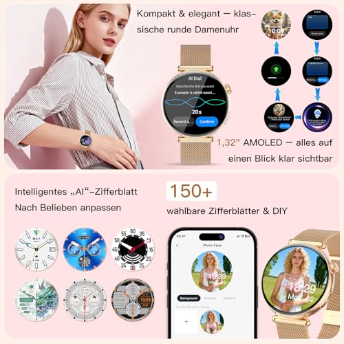 2026 Smartwatch Women's ECG/Blood Pressure, 1.32 Inch AOD Health Watch AI Dial & AI Smart Q&A, Bluetooth Calls/Sleep/Pulse/HRV/SpO₂/BMI/Stress/Menstrual Cycle, 100+ Sports Modes, Small, Round Fitness