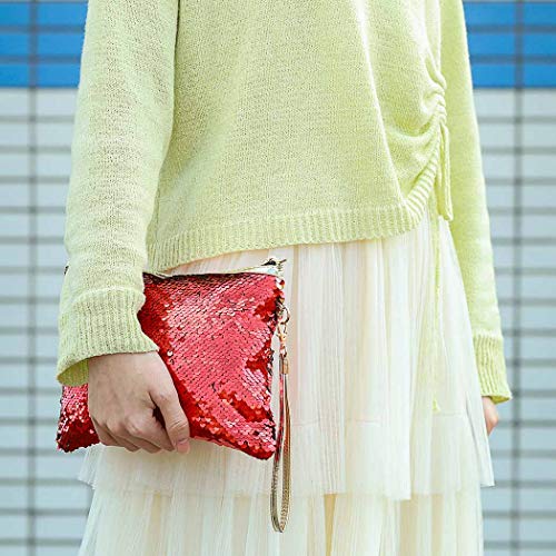 Brishow Envelope Type Travel Makeup Bag Portable Clutch Toiletry Bag Cosmetic Makeup Case Mermaid Sequins Organizer Bag with Zipper for Women and Girls (Red+Green) - Thumbnail 2