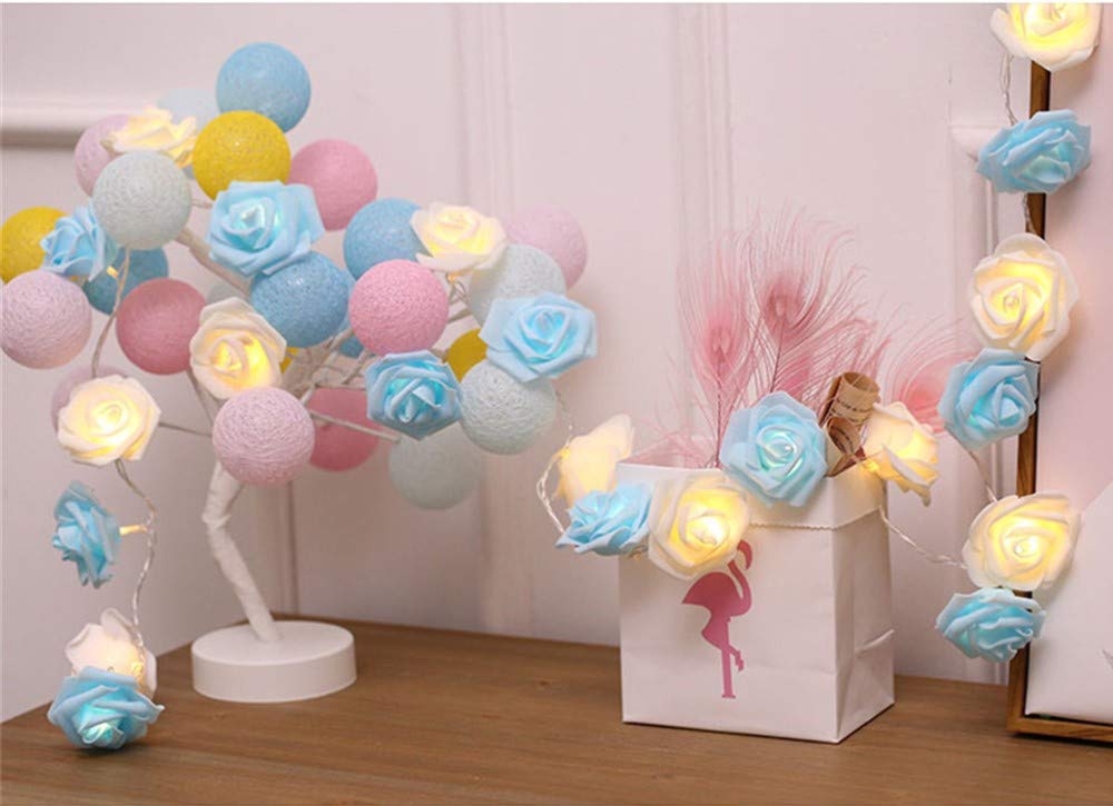 Fantes LED Rose Flower String Lights Battery Operated for Wedding Party Birthday Festival Decor (Blue +Warm White, 9.8ft 20LED)