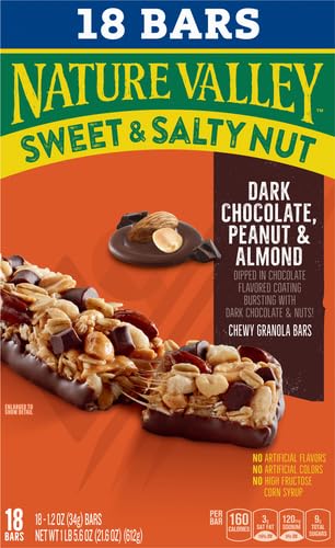 NATURE VALLEY GRANOLA BARS, SWEET AND SALTY NUT, DARK CHOCOLATE PEANUT AND ALMOND, 18 BARS, 21.6 OZ