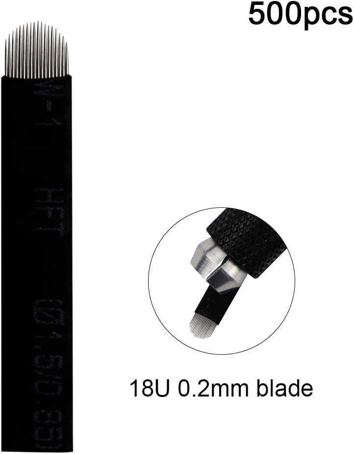 MARLLOGIVA 500pcs Black Microblading Needles 18U Shape 0.2mm Blade Permanent Makeup Tattoo Needle for Manual Pen