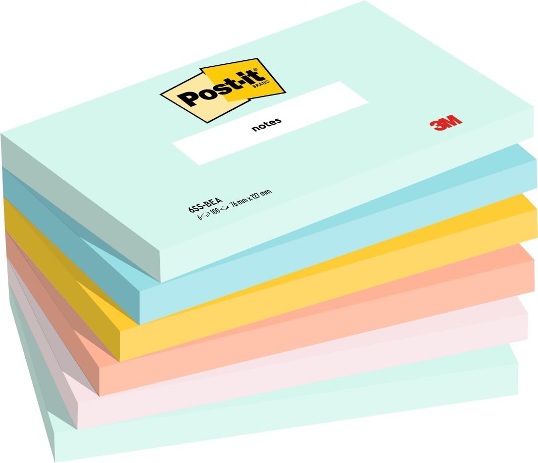 Post-it Notes Beach Color Collection, Pack of 6 Pads, 100 Sheets per Pad,76 mm x 127 mm, Green, Yellow, Orange, Blue, Pink - Self-Stick Notes for Note Taking, to Do Lists & Reminders