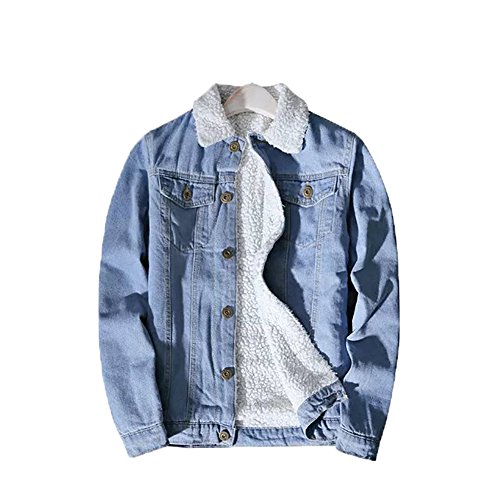 YOUMU Men Fleece Fur Lining Denim Jacket Winter Tehermal Collared Parka Outwear (XL(US M), Light Blue)
