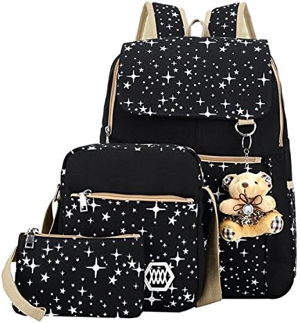 Inornever School Bags For Girls Teenagers Backpacks 3Pcs Casual Lightweight Canvas Big Laptop Black