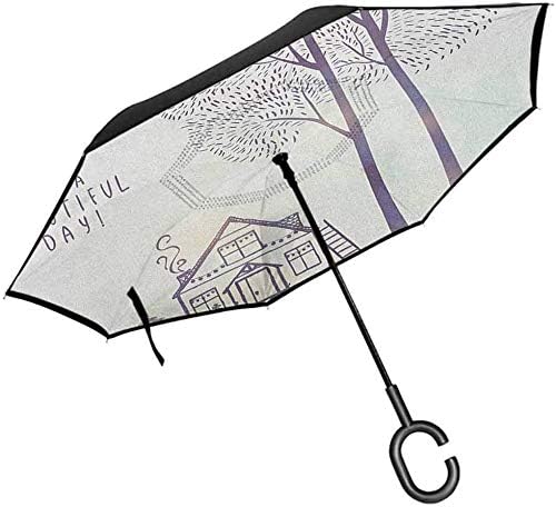 Amazon Co Jp 引用傘カントリースタイル家の木スケッチイラストその美しい日引用傘防風逆傘 服 ファッション小物