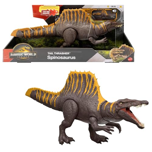 Mattel Jurassic World: Die Wiedergeburt Dinosaurierspielzeug, Tail Thrasher Spinosaurus-Actionfigur mit 2 Angriffsbewegungen, filmgetreues und bewegliches Design, digitaler Spielspaß, JGB57