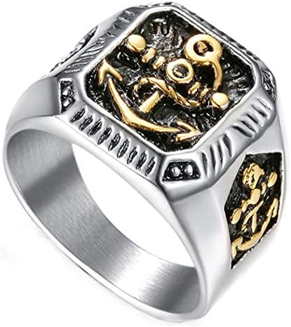 Ueice Mens Classic Retro Gothic Navy Anchor Hook Carved Square Silver Smeared Stainless Steel Rings