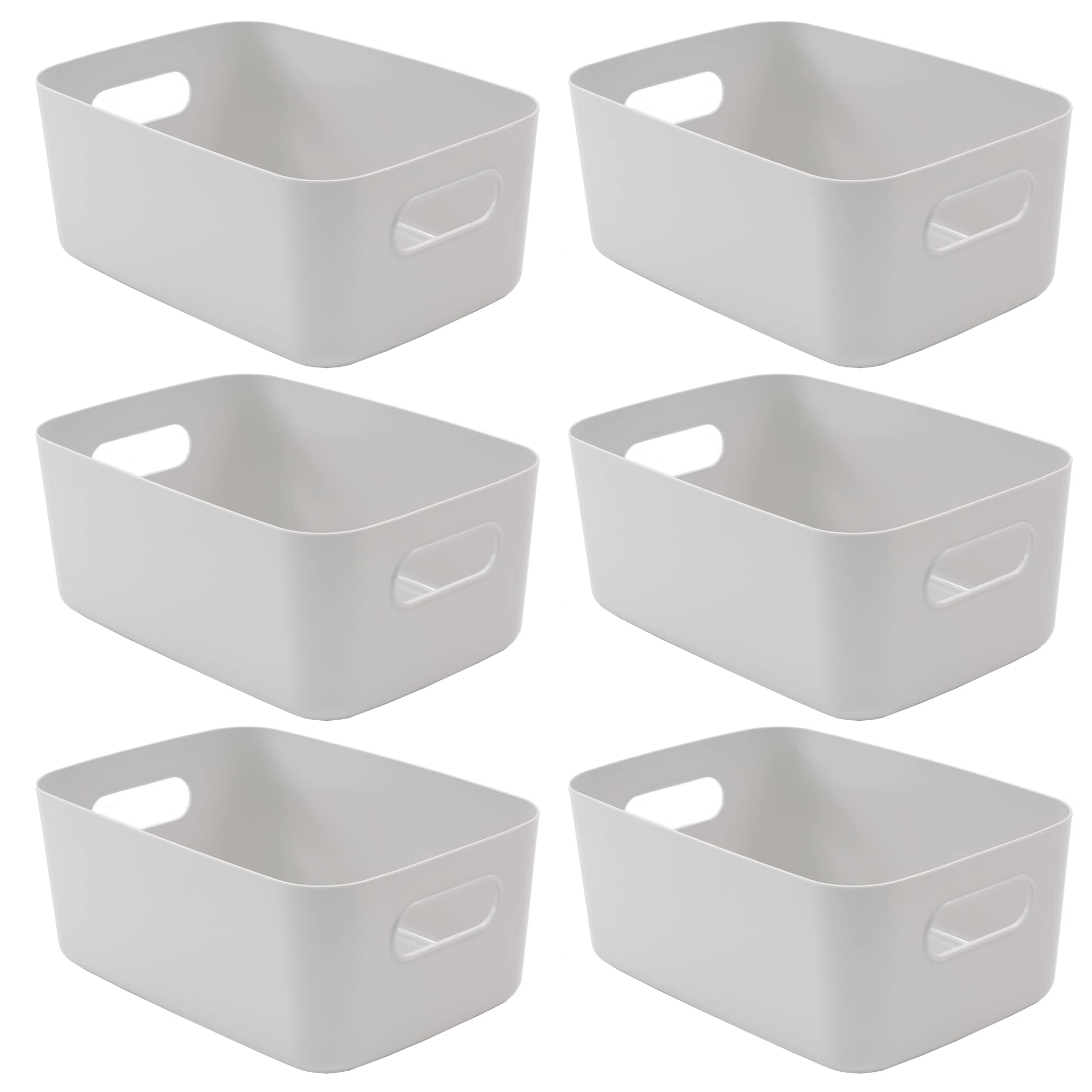 SA Products Set of 6 Storage Box - Grey Storage Boxes With Handle - Stackable & Minimalist Rectangular Plastic Storage Baskets - Stylish Cupboard Organiser For Kitchen, Home, Office and Bathroom