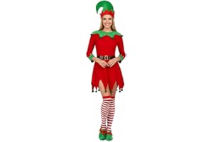 Syhood 5 Pcs Women Christmas Elf Costume Set Santa's Helper Costume Elf Outfit Velvet Dress Hat Shoes Belt Striped Stocking