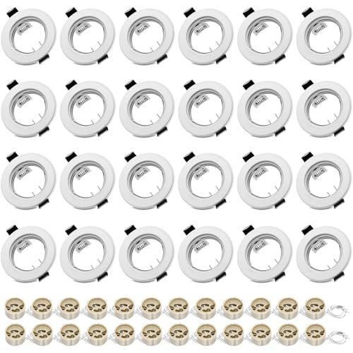 LteelDay Recessed Frame for Spotlights – White Round Metallic, Incl. Socket for GU10 | Fit for 55-70 mm Holes | For 50 mm Lamp | Porthole Frame – Ideal for Bathroom, Living Room, Kitchen | 24 Pack