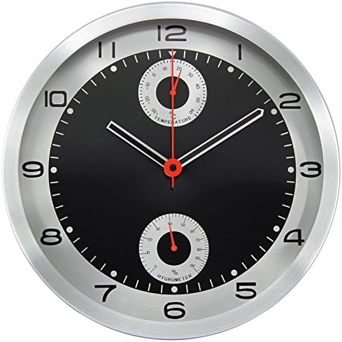 12" Aluminum Modern Contemporary Wall Clock with Vertical Multi Dial Thermometer and Hygrometer