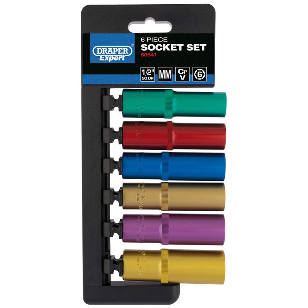 Draper 50541 Metric Coloured 6 Piece Deep Socket Set, Blue, 1/2-Inch Square Drive