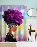 A.Monamour Traditional African Black Women With Purple Hair Afro Hairstyle Watercolor Portrait Picture Print Waterproof Mildew Resistant Fabric Polyester Shower Curtain 180X180 Cm / 72X72 Inch