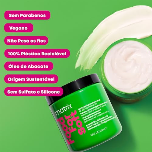 Matrix Food For Soft Máscara Capilar Hidratante, Com Ácido Hialurônico e Óleo de Abacate, Hidratação Profunda, Brilho e Maciez, Fórmula Vegana, Para Cabelos Secos, 500ml
