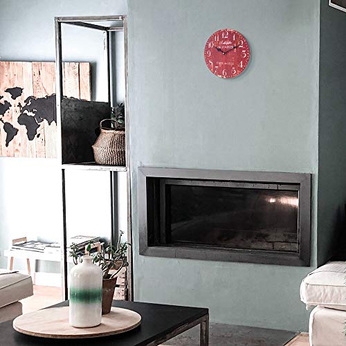 SkyNature Wooden Wall Clock, Silent Non-Ticking Battery Operated Quartz Movement, Large Arabic Numerals Vintage Rustic Decorative Clock for Living, Dining, Bedroom, Kitchen - 12 Inch, Distressed Red