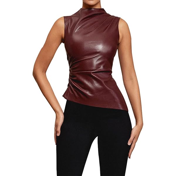 トップス tank top & leather skirt トップス tank top & leather skirt QinCiao Women Wet Look