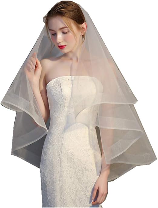 Wedding Veil Short 2 Tier Horsehair Trim Bride Veil Ivory White