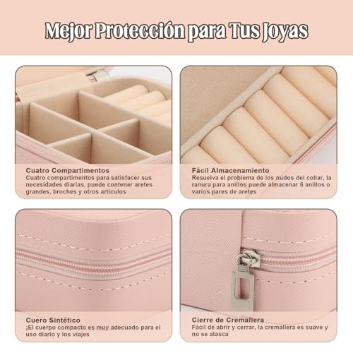 MEKOTRIN Organizador de Joyero Pequeño, Caja de Viaje para Mujeres de 20 Piezas, Estuche Portátil de PU para Anillos, Pendientes y Collares(Rosáceo)