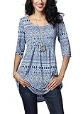 Destinas Women's 3/4 Sleeve Geometric Floral Print Tunic Blouse Tops Shirts (2XL, Blue)