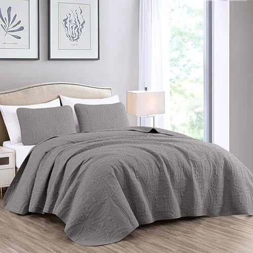 Chezmoi Collection Austin 3-Piece Oversized Bedspread Coverlet Set (King, Gray), Microfiber