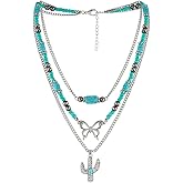 Q&D&S Layering Western Turquoise Necklaces for Women,Stack Boho Vintage Beaded Jewelry, Cactus corss Chain Necklaces Country Concert Cowgirl Dresses Accessories
