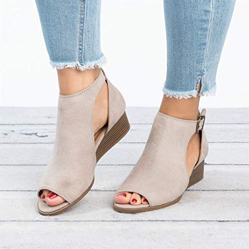 PiePieBuy Women's Cut Out Espadrille Platform Wedge Sandals Ankle Strap Peep Toe Suede Shoes - Thumbnail 2