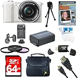 Sony a5100 ILCE5100L/B ILCE5100L ILCE5100 ILCE5100lb 16-50mm Interchangeable Lens Camera w/ 3” Flip Up LCD (White) Bundle w/ 64GB SD card, Spare Battery, AC/DC Charger, Micro HDMI Cable+ More