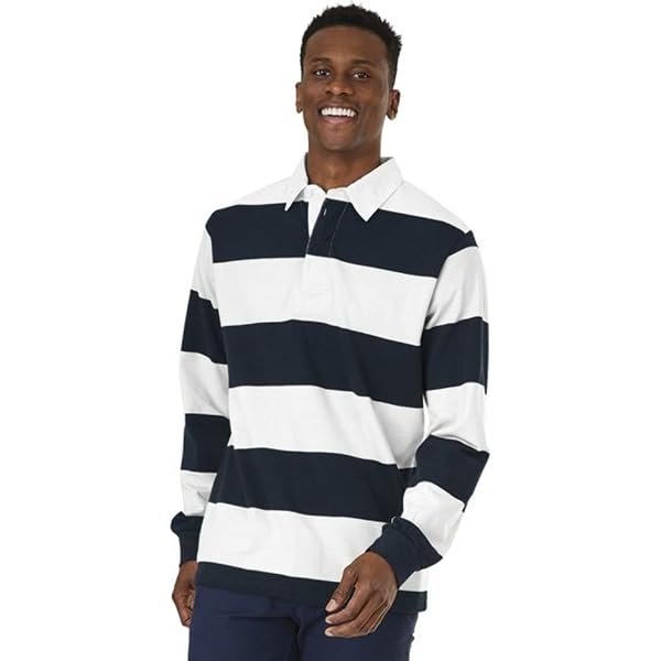 Front Row Sewn Stripe Long Sleeve Rugby Shirt - Duck Egg/Navy, Heavy Cotton Jersey, Traditional Collar